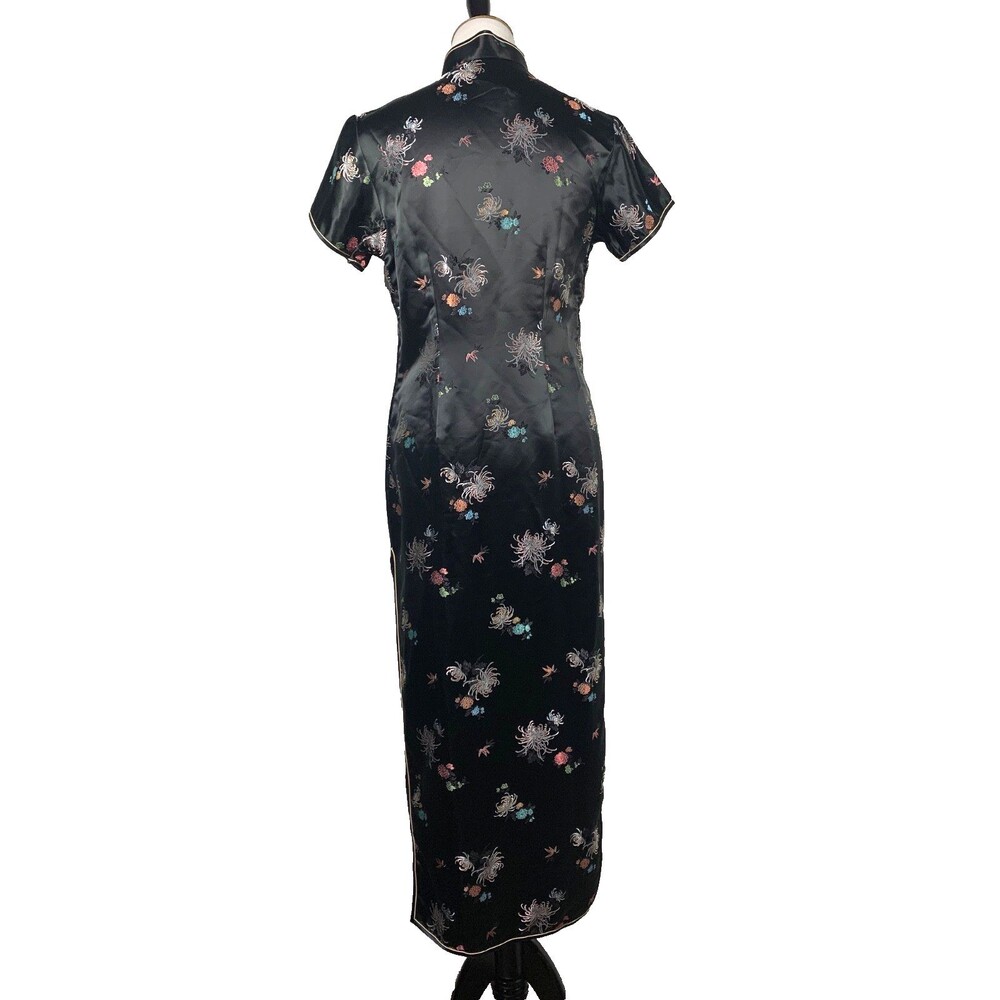 Vtg 70s Chinese Cheongsam Qipao Maxi Dress Black Floral Satin Rainbow Lining 38 - Picture 8 of 13